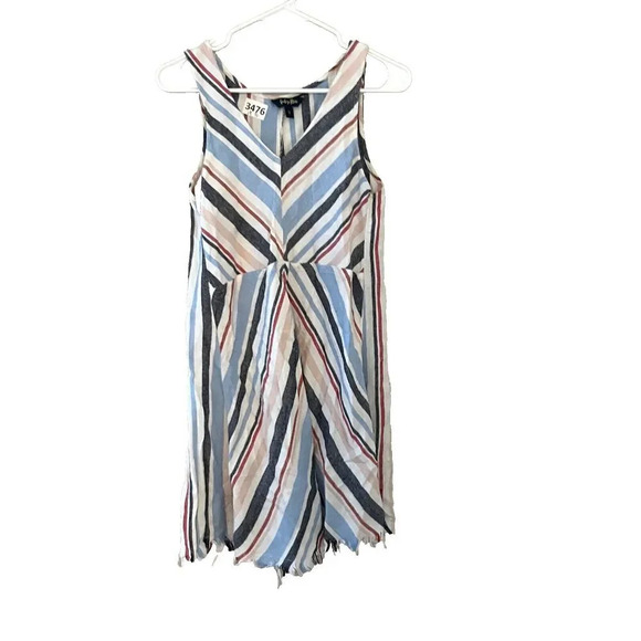Indigo Rein Womens Linen Shift Dress Small Striped Sleeveless Fringe V Neck - Picture 1 of 7